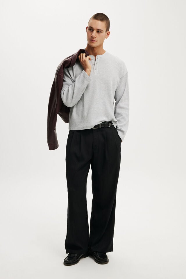 Relaxed Fit Textured Henley Long Sleeve